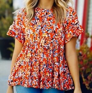 NWOT Orange Multi Floral Flowy Babydoll Bohemian Top Shirt Blouse Plus Size 3X
